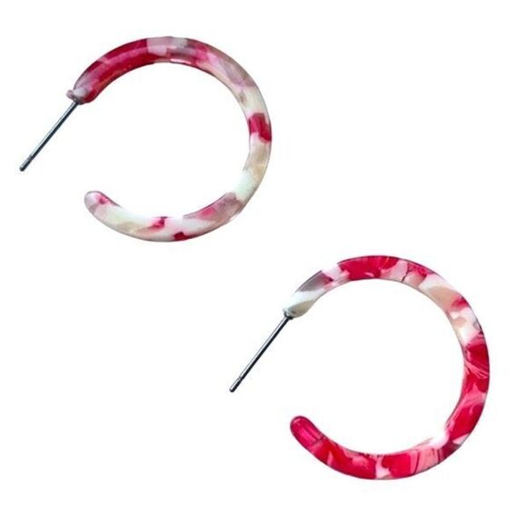 Swirled Red & White Marbleized Acetate Eco Hoop Handmade Earrings Unisex Gift - Picture 1 of 11